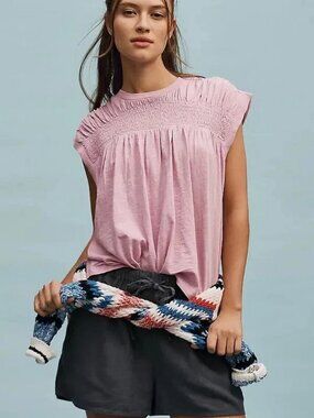By Anthropologie Smocked Yoke Top Pink Sleeveless Pullover XS